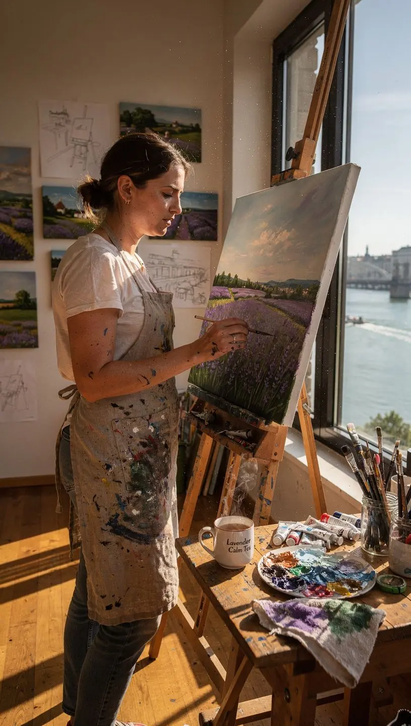 Nyugodt, levendulás táj, amely a békét és a harmóniát sugallja.